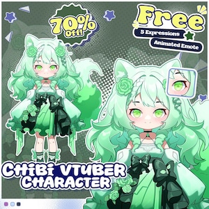 May include: A digital illustration of a green-haired chibi character with fox ears and a long tail, wearing a green and white dress. The image includes text that says "Chibi VTuber Character" and "70% Off!"