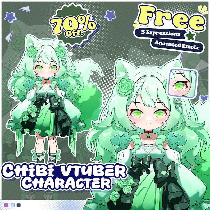 May include: A digital illustration of a green-haired chibi character with fox ears and a long tail, wearing a green and white dress. The image includes text that says "Chibi VTuber Character" and "70% Off!"
