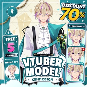 May include: A digital illustration of an anime-style character with blonde hair and purple highlights, wearing a white ruffled shirt, black suspenders, and a teal cape. The image includes text reading VTUBER MODEL COMMISSION, DISCOUNT 70%, and FREE 5 EXPRESSIONS.