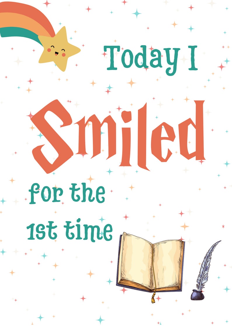 May include: A white background with a rainbow, a yellow star with a smiling face, and the text "Today I Smiled for the 1st time". There are also small stars scattered throughout the background.