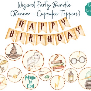 Wizard Party Decoration Printable Bundle for Birthday, Baby shower or Theme parties, Wizard Banner and Cupcake Topper