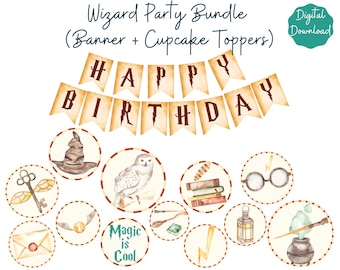 Wizard Party Decoration Printable Bundle for Birthday, Baby shower or Theme parties, Wizard Banner and Cupcake Topper