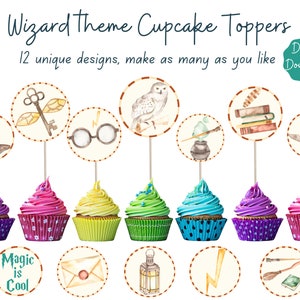 Wizard Cupcake Toppers Printable, Magical Wizard Party, Shower, Wizard School Party Favor Tag