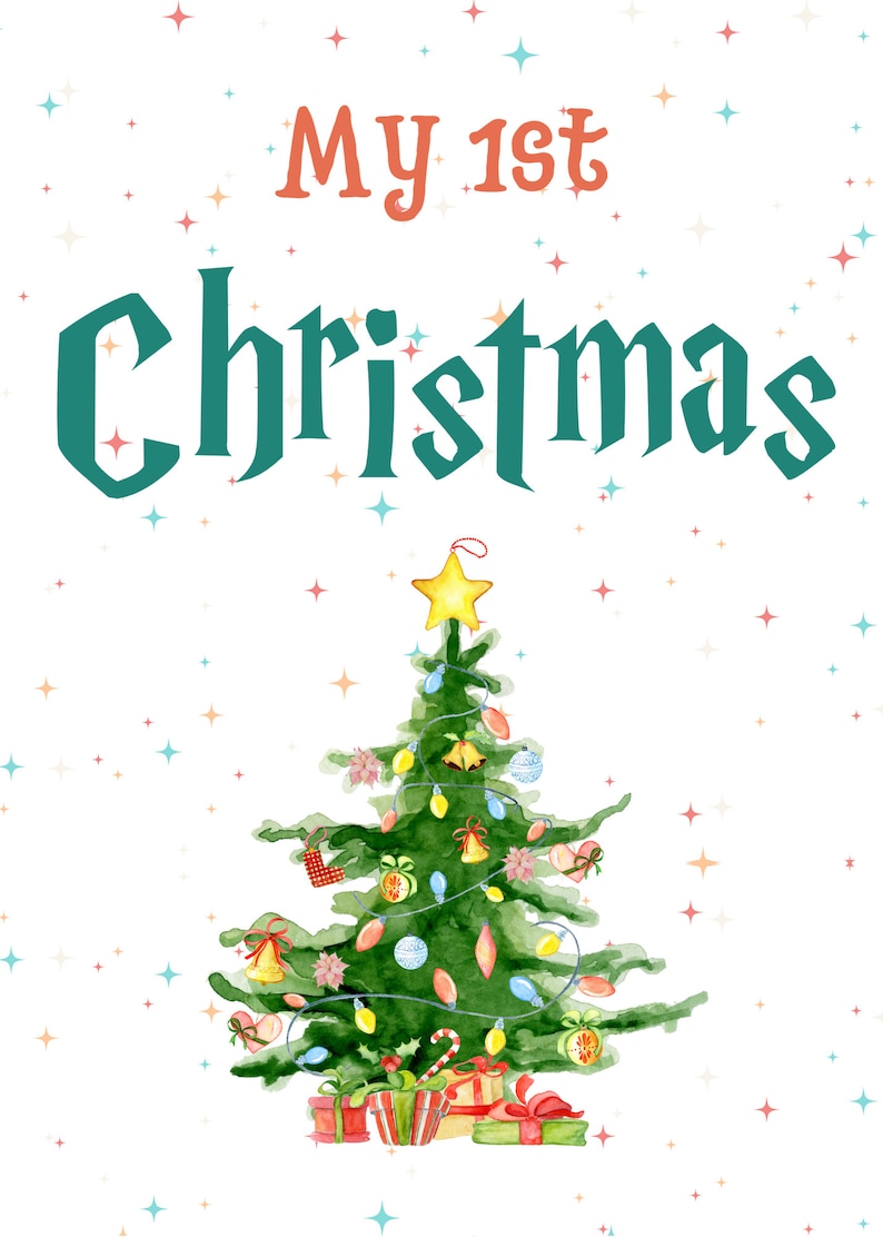 May include: A watercolour illustration of a Christmas tree decorated with baubles, lights and presents. The tree has a yellow star on top. The text "My 1st Christmas" is written in orange above the tree.