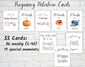 Pregnancy Milestone Cards every week, Pregnancy by week, Baby size by Week Printable