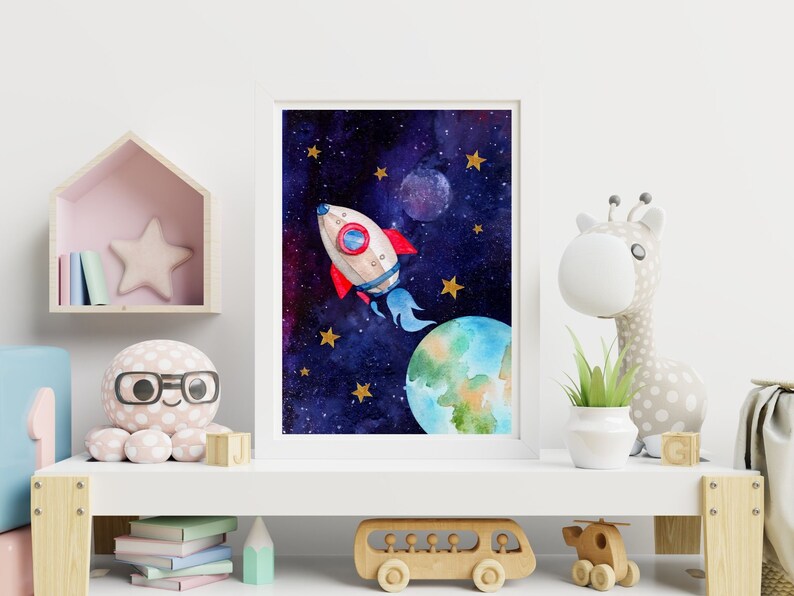 Set of 6 Space Theme Nursery Prints Watercolor Outer Space Etsy