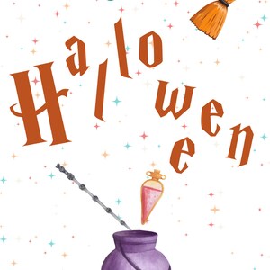 May include: A purple cauldron with a silver wand and a pink potion bottle. The text "My 1st Halloween" is written in orange with a teal "My 1st" and a brown broom in the top right corner. The background is white with colourful stars.