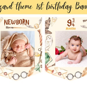 Recién nacido a 12 meses Banner fotográfico mensual, banner de 1er cumpleaños, decoraciones temáticas del mago de cumpleaños del bebé