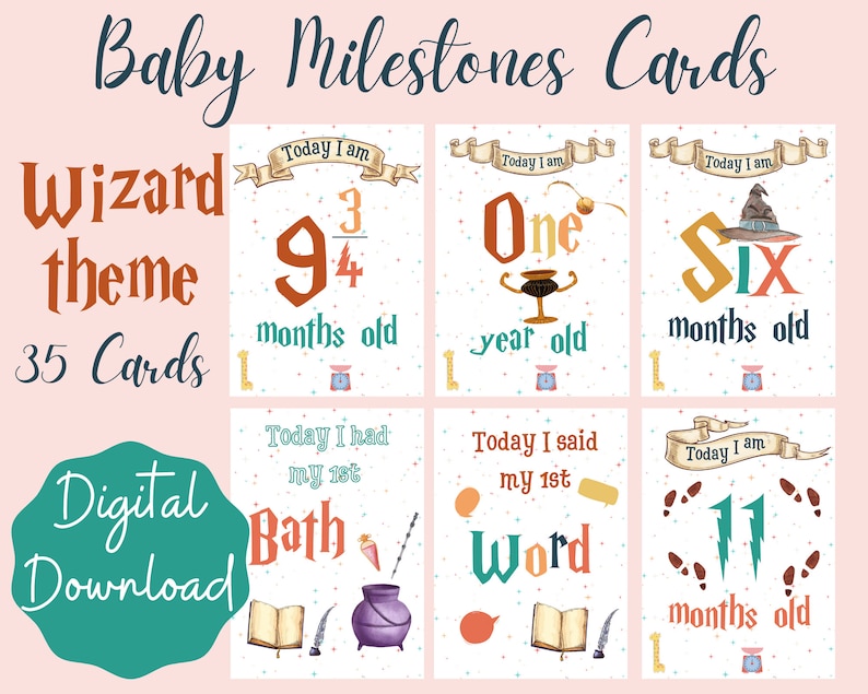 May include: A set of 35 digital printable baby milestone cards with a wizard theme. The cards feature illustrations of a cauldron, a book, a quill, a wand, a hat, and footprints. The cards are designed to be used to track a baby's growth and development.
