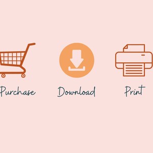 May include: An illustration of three icons representing the steps to purchase, download, and print a digital product. The first icon is a shopping cart, the second is a download arrow in a circle, and the third is a printer.