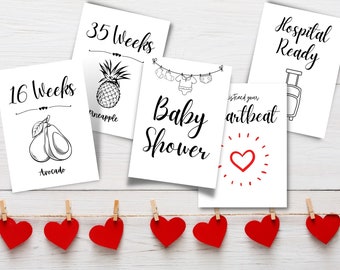 Pregnancy Milestone Cards, Weekly Pregnancy Journal Cards showing baby size instant download