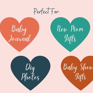 May include: Four heart-shaped illustrations with text inside. The hearts are in coral, teal, dark blue, and burnt orange. The text reads "Baby Journal", "New Mom Gifts", "DIY Photos", and "Baby Shower Gifts".