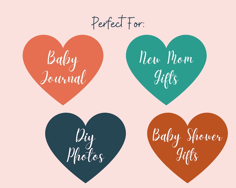 May include: Four heart-shaped illustrations with text inside. The hearts are in coral, teal, dark blue, and burnt orange. The text reads "Baby Journal", "New Mom Gifts", "DIY Photos", and "Baby Shower Gifts".