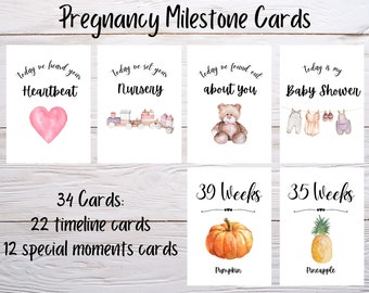 Pregnancy Milestone Cards, Watercolor Pregnancy Journal Cards showing baby size by Week