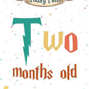 May include: A colourful illustration of the number two with the text "Today I am two months old" on a white background with a banner and stars.