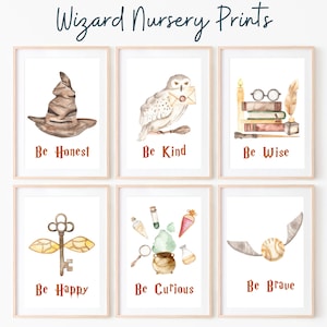 Juego de 6 láminas de arte para guardería de magos mágicos, descarga digital de decoración de guardería de magos, láminas de guardería "Sé amable"