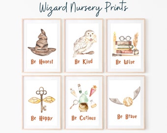 Magical Wizard Nursery Art Prints Set of 6, Wizarding Nursery Decor digital download, Be kind nursery prints