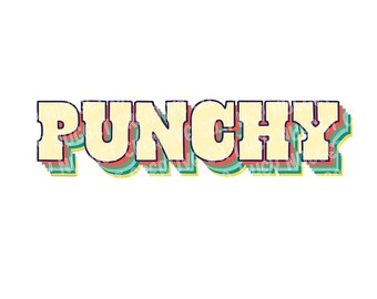 Puede incluir: Diseño gráfico con la palabra "PUNCHY" en una fuente retro con un efecto 3D en capas. El texto es de color amarillo claro con un contorno oscuro y una sombra colorida. El diseño incluye el texto "HEY NUGGET creative co."