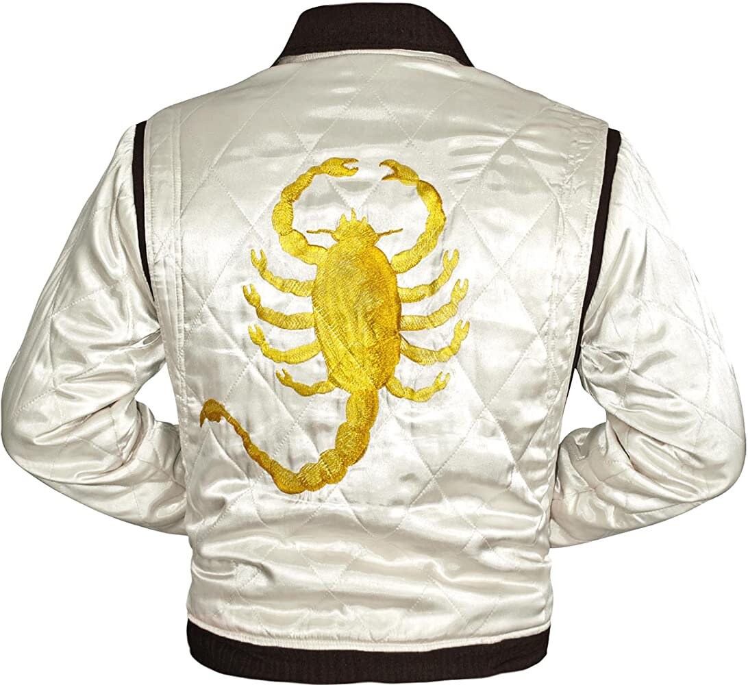 Ryan Gosling Drive Scorpion White Satin Lightweight Casual Bomber Varsity Sports Biker Drive Jacket