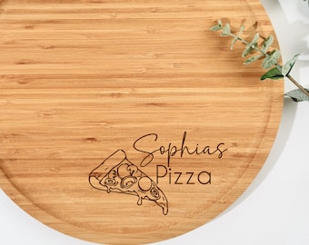 Personalisierter Pizzateller aus Bambus 32 cm  | Graviertes Geschenk für Pizza Liebhaber, Paare & Familien | Pizza Servierbrett