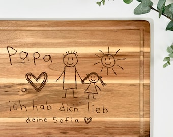 Schneidebrett personalisiert mit Kinderzeichnung und Handschrift deines Kindes, Akazie XL 38x28 cm, Muttertag & Vatertag für Mama und Papa