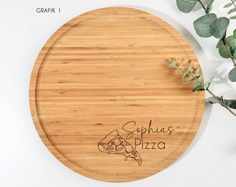 Personalisierter Pizzateller aus Bambus 32 cm  | Graviertes Geschenk für Pizza Liebhaber, Paare & Familien | Pizza Servierbrett
