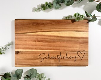 Schneidebrett aus Akazienholz für Geschwister oder Lieblingsmensch | 32x21 cm | PERSONALISIERBAR | Schwester | Bruder | Frühstücksbrett