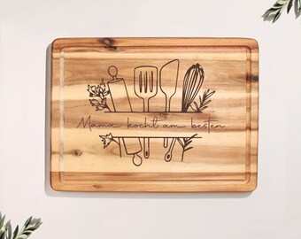 Schneidebrett XL mit Kochgrafik | personalisierbar | Das perfekte Geschenk für jeden Hobbykoch | Holzbrett aus Akazienholz