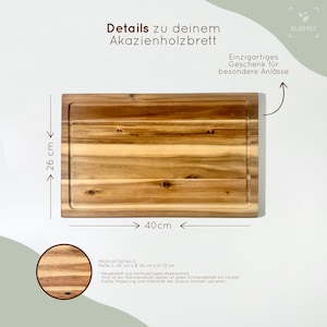 May include: Rectangular acacia wood cutting board, 40 cm long x 26 cm wide x 1.5 cm high, with a recessed edge. The board has a natural wood grain pattern and the text "Details zu deinem Akazienholzbrett".