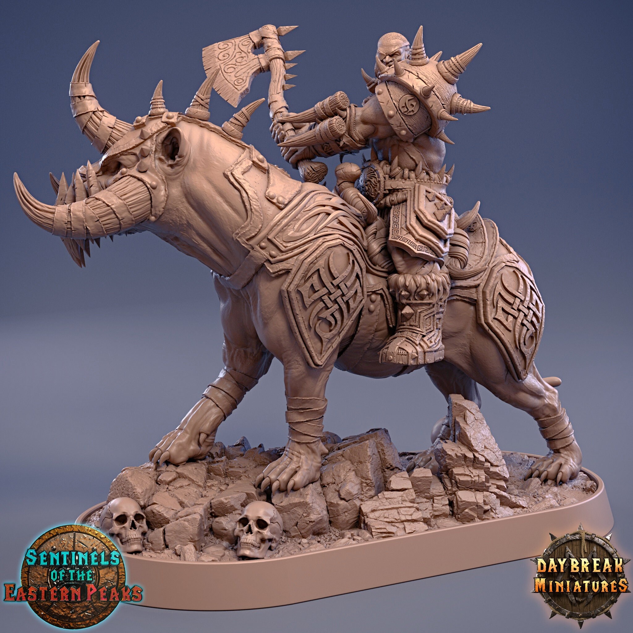 Arkan Ash on Ripper Ox - Sentinels of the Eastern Peaks (32mm/54mm) - Daybreak Miniatures