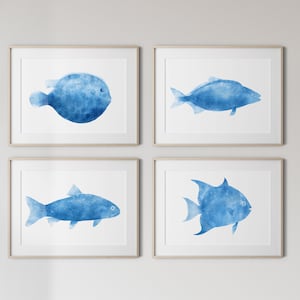 Fish Art Prints Set of 4 Blue Nautical Decor Ocean Seascape bathroom beach house Nursery  Kids rooms