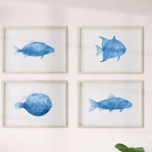 Blue Fish Set of 4 printable artworks Ocean Seascape Wall decor, bathroom beach house, Nursery Kids rooms, image 5