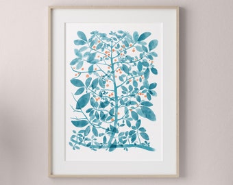 Blue Floral  Watercolor fine art Print Modern Botanical print Vintage feel Wall art Decor for your home