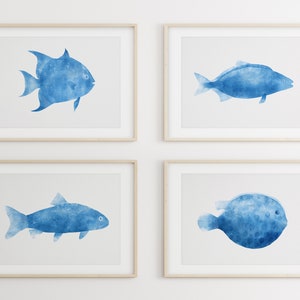 Blue Fish Set of 4 printable artworks Ocean Seascape Wall decor, bathroom beach house, Nursery Kids rooms, image 1