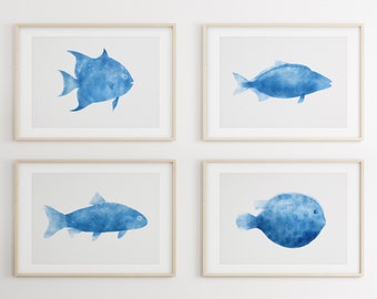 Blue Fish Set of 4 printable artworks Ocean Seascape Wall decor, bathroom beach house, Nursery  Kids rooms,