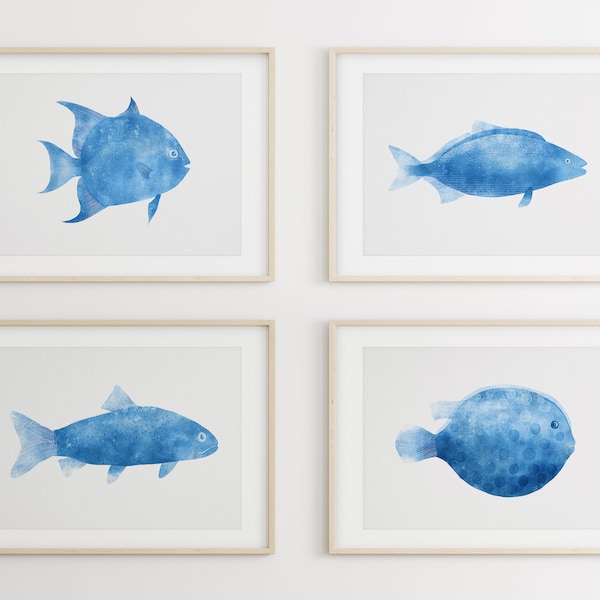 Poisson bleu Ensemble de 4 images imprimables Paysage marin océanique Décoration murale salle de bain maison de plage Chambre d'enfant