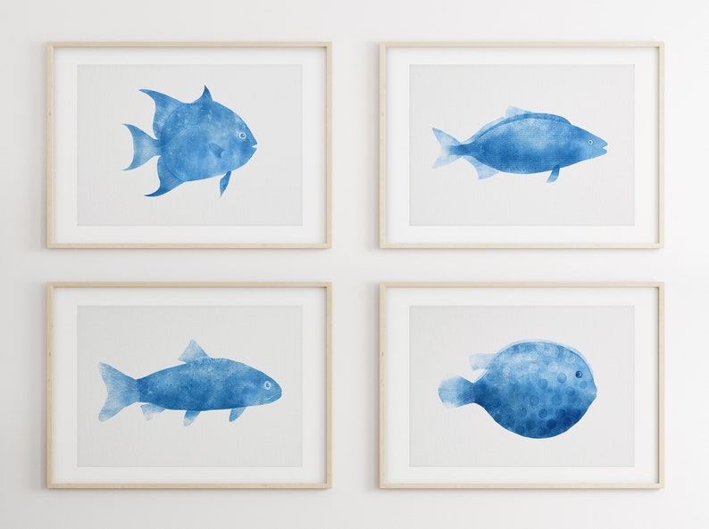 Blue Fish Set of 4 printable artworks Ocean Seascape Wall decor, bathroom beach house, Nursery Kids rooms, image 1