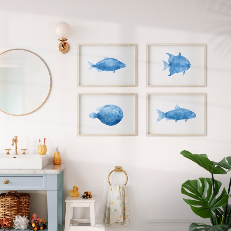 Blue Fish Set of 4 printable artworks Ocean Seascape Wall decor, bathroom beach house, Nursery Kids rooms, image 5