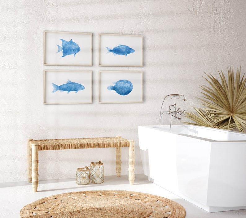 Blue Fish Set of 4 printable artworks Ocean Seascape Wall decor, bathroom beach house, Nursery Kids rooms, image 3