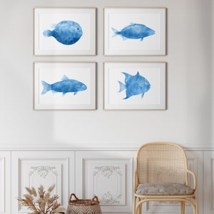 Blue Fish Set of 4 printable artworks Ocean Seascape Wall decor, bathroom beach house, Nursery Kids rooms, image 2