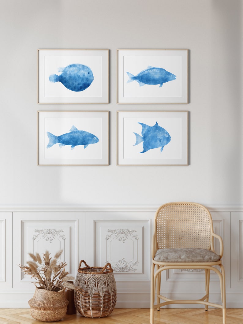 Blue Fish Set of 4 printable artworks Ocean Seascape Wall decor, bathroom beach house, Nursery Kids rooms, image 2