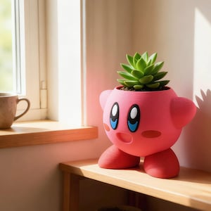 Vaso de plantas Kirby em pé | Porta-canetas de mesa Kirby kawaii | Vaso pequeno para suculentas | Decoração para casa inspirada em jogos | Presente para estudantes e jogadores