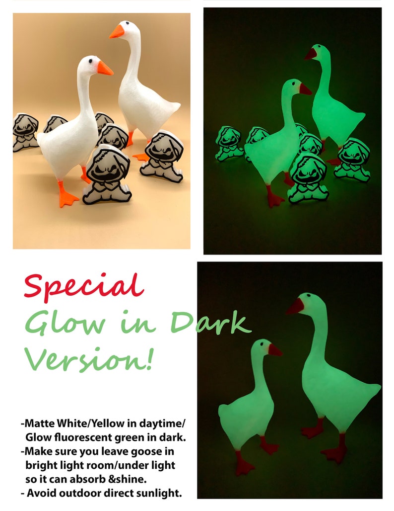 May include: Two white goose figurines with black eyes and orange beaks. The geese are standing on a light brown surface. The geese glow green in the dark. The text "Special Glow in Dark Version!" is written in red and black letters. The text below the title reads: "Matte White/Yellow in daytime/ Glow fluorescent green in dark. -Make sure you leave goose in bright light room/under light so it can absorb &shine. - Avoid outdoor direct sunlight."