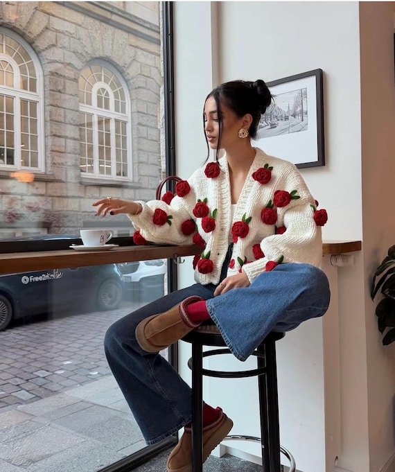 Crochet Red Rose Cardigan, Handmade Floral Knit Cardigan