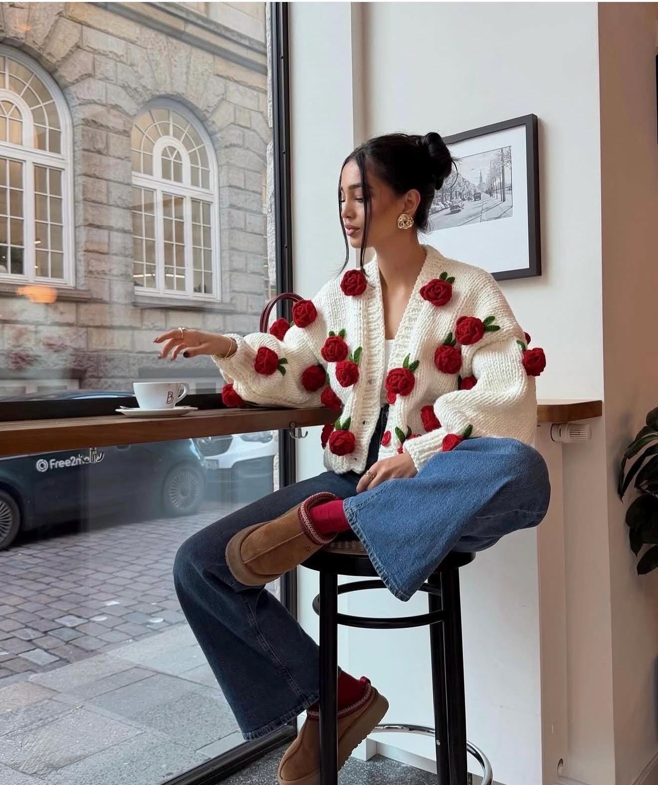 Crochet Red Rose Cardigan, Handmade Floral Knit Cardigan