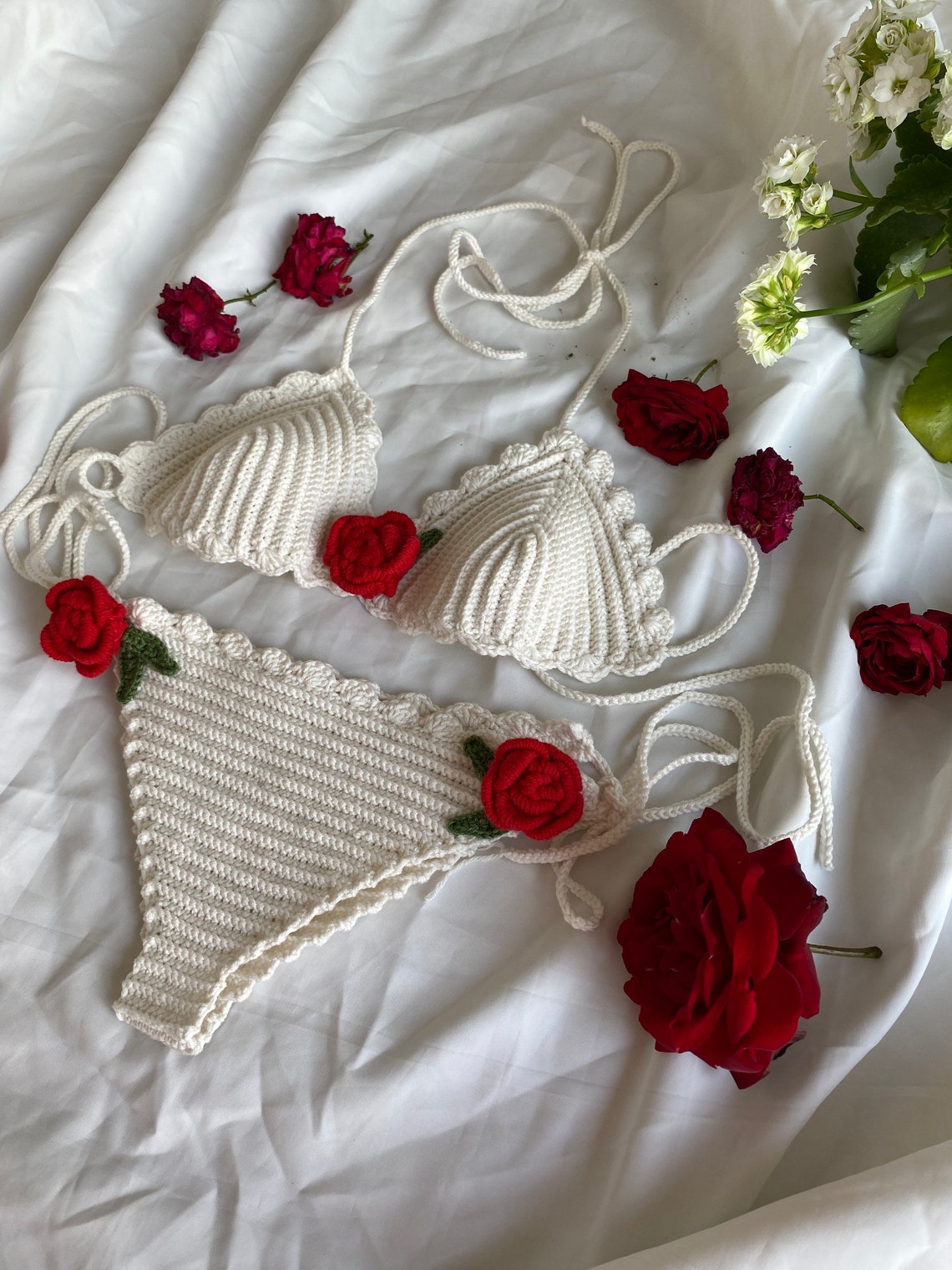Sexy Red Triangle Strappy Crochet Two Piece Swimsuit Bikini