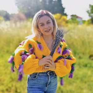 Cárdigan lavanda Leilayca / Cárdigan floral 3D / Cárdigan de punto de gran tamaño / Regalos únicos de lavanda / Chaqueta de punto / Cárdigan grueso /