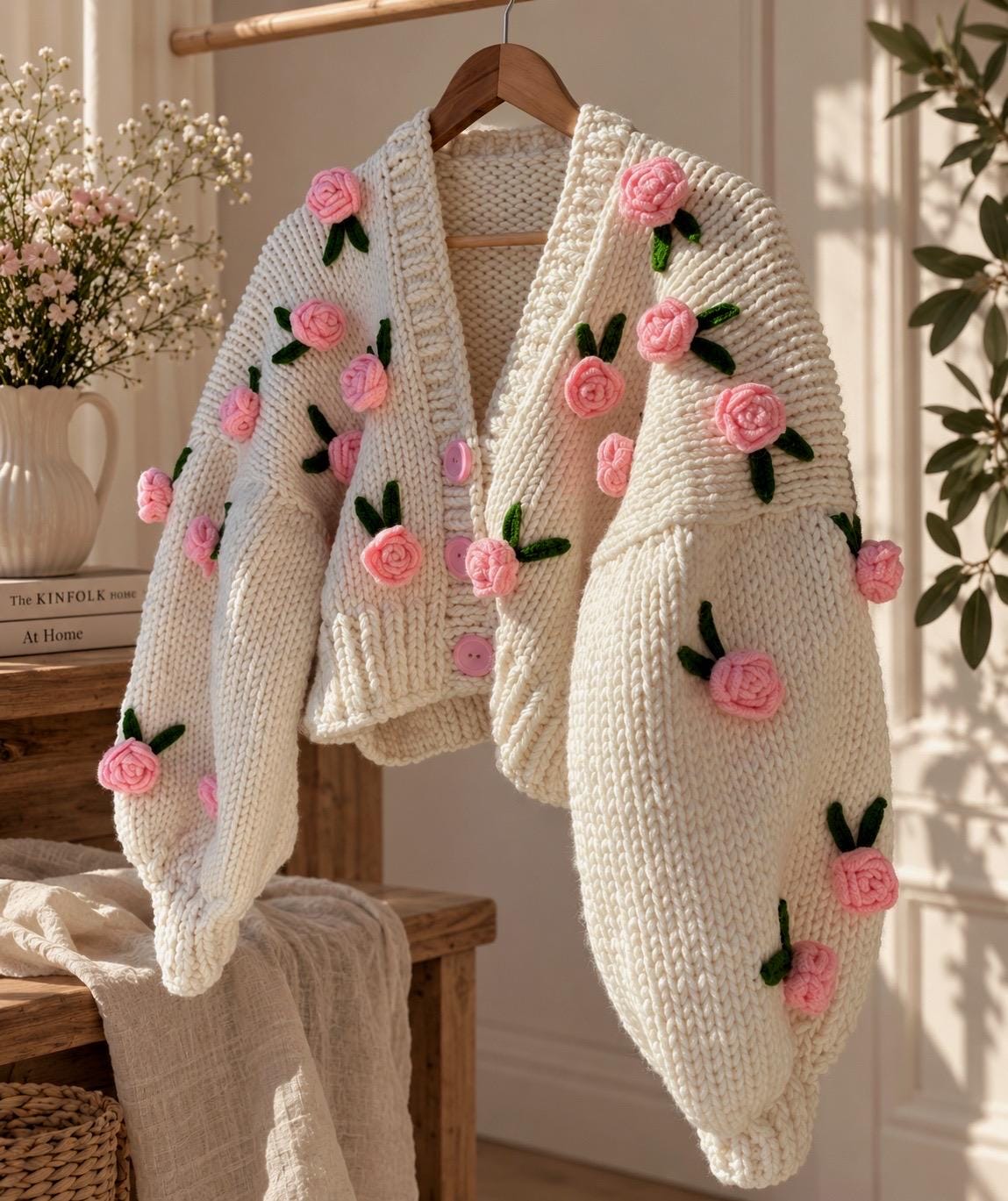Leilayca Pink Roses Cardigan , Chunky Cropped Cardigan for Woman