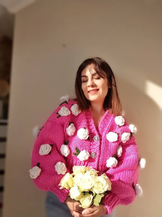 Leilayca Love Roses Vintage Valentine's Day Gift 3d Rose Embroidered Knit Chunky Cardigan for Woman , 3 Button Pink Knit Cardigan , - Etsy Leilayca Love Roses Vintage Valentine's Day Gift 3d Rose Embroidered Knit Chunky Cardigan for Woman , 3 Button Pink Knit Cardigan , - Etsy
