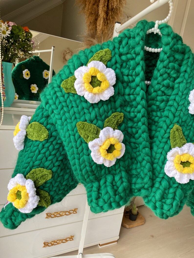 Dark Green Lotus Flower Jacket Chunky Cardigan Fluffy Etsy